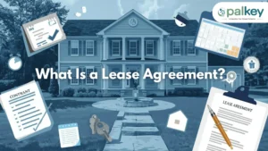 A digital, light blue-toned graphic for Opalkey titled "What Is a Lease Agreement?". The image features a large two-story house in the background with various 3D-style legal and administrative icons floating around it, including a "CONTRANT" (contract) document, a "LEASE AREEMENT" on a clipboard, keys, and a calendar, symbolizing the formal legal arrangement of leasing a property.