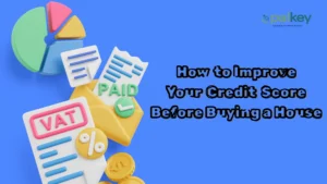 A promotional graphic for Opalkey titled "How to Improve Your Credit Score Before Buying a House". The image features a bright blue background with 3D-style icons including a pie chart, gold coins, and documents labeled "PAID" and "VAT," symbolizing healthy financial management and debt clearance.