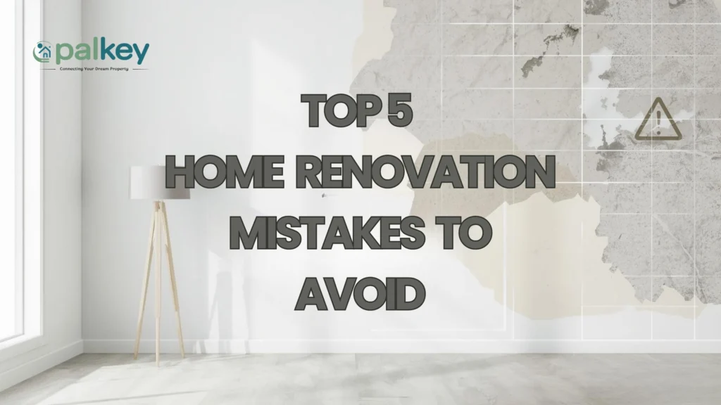 A promotional graphic for Opalkey titled "TOP 5 HOME RENOVATION MISTAKES TO AVOID". The image features a clean, minimalist room with a white wall and light wood flooring. A portion of the wall shows a blueprint-style grid with a faint architectural map and a triangle warning icon, symbolizing the pitfalls of renovation. A modern floor lamp stands to the left.