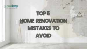 A promotional graphic for Opalkey titled "TOP 5 HOME RENOVATION MISTAKES TO AVOID". The image features a clean, minimalist room with a white wall and light wood flooring. A portion of the wall shows a blueprint-style grid with a faint architectural map and a triangle warning icon, symbolizing the pitfalls of renovation. A modern floor lamp stands to the left.