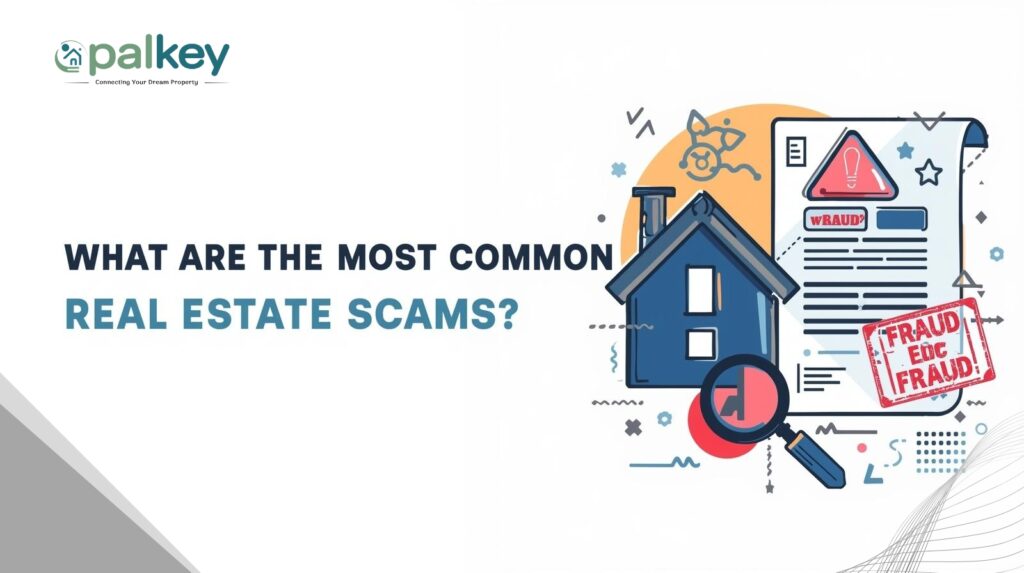 A digital illustration for Opalkey with the text "WHAT ARE THE MOST COMMON REAL ESTATE SCAMS?". The image features a stylized blue-toned house on the right, partially obscured by a large, white document with a red warning triangle icon and the word "FRAUD" stamped twice in bold red. A magnifying glass rests over the bottom of the document, with small red geometric accents and grey abstract lines in the background.